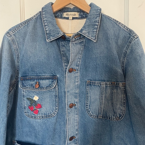 Madewell Blue Denim Jacket with Embroidered strawberries and sun. - Picture 2 of 8